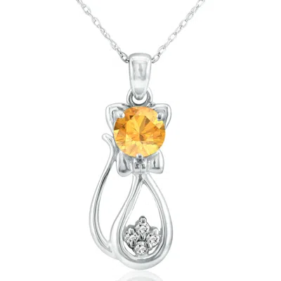 Superjeweler 1 Carat Gemstone And Diamond Cat Necklace In Sterling Silver With 18 Inch Chain In Orange