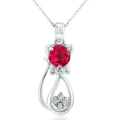 Superjeweler 1 Carat Gemstone And Diamond Cat Necklace In Sterling Silver With 18 Inch Chain In Red