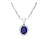 Superjeweler 1 Carat Oval Shape Gemstone And Halo Diamond Necklace In Sterling Silver With 18 Inch Chain In Blue