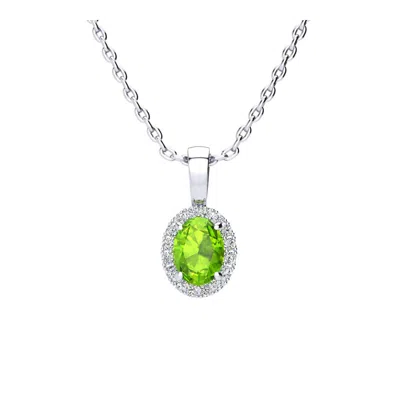 Superjeweler 1 Carat Oval Shape Gemstone And Halo Diamond Necklace In Sterling Silver With 18 Inch Chain In Green