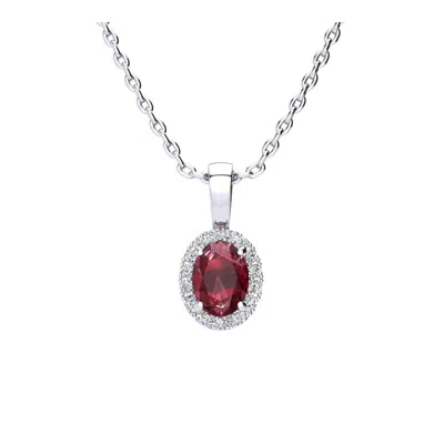 Superjeweler 1 Carat Oval Shape Gemstone And Halo Diamond Necklace In Sterling Silver With 18 Inch Chain In Red