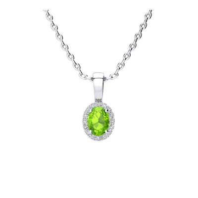 Superjeweler 1/2 Carat Oval Shape Gemstone And Halo Diamond Necklace In Sterling Silver With 18 Inch Chain In Green