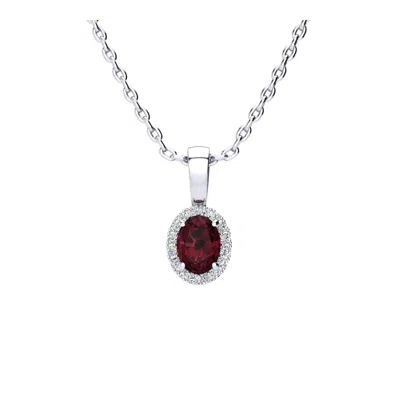 Superjeweler 1/2 Carat Oval Shape Gemstone And Halo Diamond Necklace In Sterling Silver With 18 Inch Chain In Red
