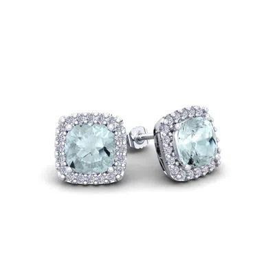 Superjeweler 2 1/4 Carat Cushion Cut Gemstone And Halo Diamond Earrings In Sterling Silver In Blue