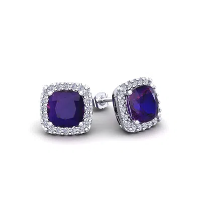 Superjeweler 2 1/4 Carat Cushion Cut Gemstone And Halo Diamond Earrings In Sterling Silver In Green
