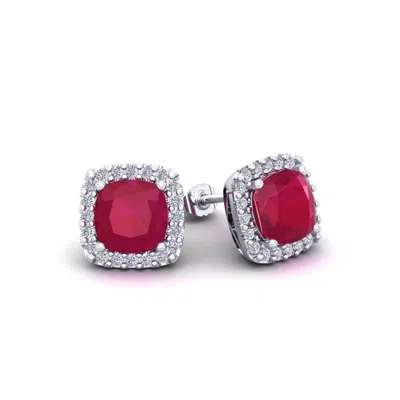 Superjeweler 2 1/4 Carat Cushion Cut Gemstone And Halo Diamond Earrings In Sterling Silver In Pink