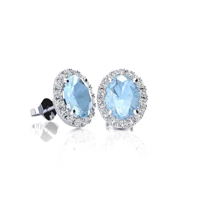 Superjeweler 2 1/4 Carat Oval Shape Gemstone And Halo Diamond Earrings In Sterling Silver In Blue