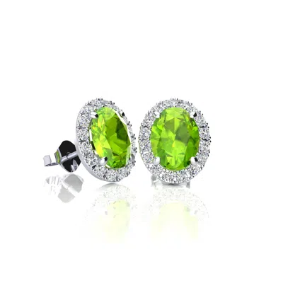 Superjeweler 2 1/4 Carat Oval Shape Gemstone And Halo Diamond Earrings In Sterling Silver In Green