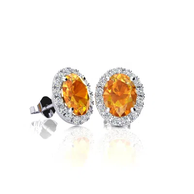 Superjeweler 2 1/4 Carat Oval Shape Gemstone And Halo Diamond Earrings In Sterling Silver In Orange