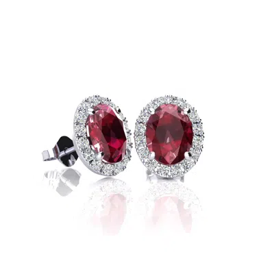 Superjeweler 2 1/4 Carat Oval Shape Gemstone And Halo Diamond Earrings In Sterling Silver In Red