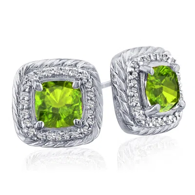 Superjeweler 2 3/4 Carat Cushion Cut Gemstone And Diamond Earrings In Sterling Silver In Green