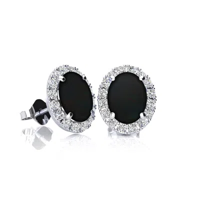 Superjeweler 2 3/4 Carat Oval Shape Gemstone And Halo Diamond Earrings In Sterling Silver In Black