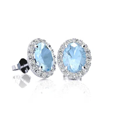 Superjeweler 2 3/4 Carat Oval Shape Gemstone And Halo Diamond Earrings In Sterling Silver In Blue