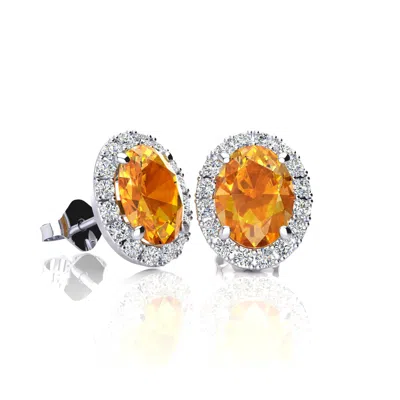 Superjeweler 2 3/4 Carat Oval Shape Gemstone And Halo Diamond Earrings In Sterling Silver In Orange