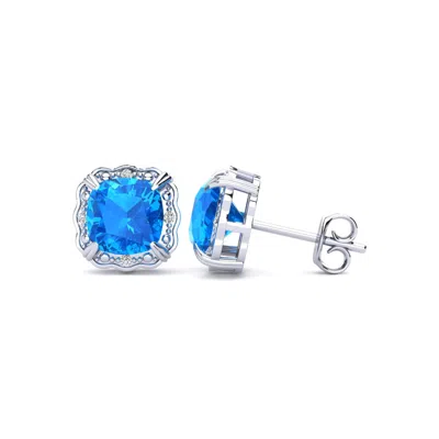 Superjeweler 2 Carat Cushion Cut Gemstone And Diamond Earrings In Sterling Silver In Blue