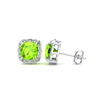 Superjeweler 2 Carat Cushion Cut Gemstone And Diamond Earrings In Sterling Silver In Green