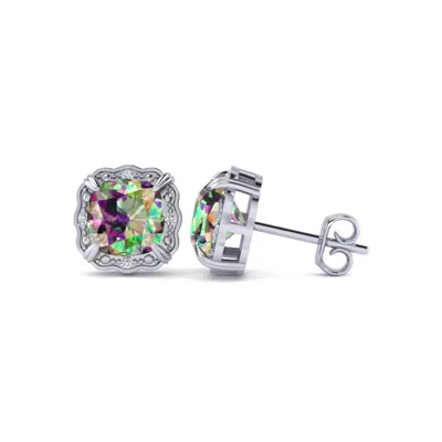 Superjeweler 2 Carat Cushion Cut Gemstone And Diamond Earrings In Sterling Silver In Multi