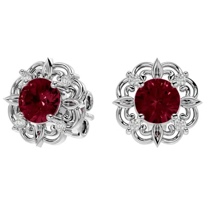 Superjeweler 2 Carat Gemstone And Diamond Antique Stud Earrings In Sterling Silver In Red
