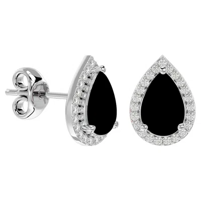 Superjeweler 3 Carat Pear Shape Gemstone And Halo Diamond Earrings In Sterling Silver In Black