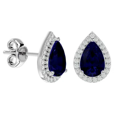 Superjeweler 3 Carat Pear Shape Gemstone And Halo Diamond Earrings In Sterling Silver In Blue