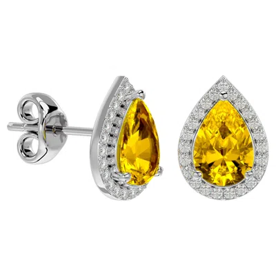 Superjeweler 3 Carat Pear Shape Gemstone And Halo Diamond Earrings In Sterling Silver In Orange