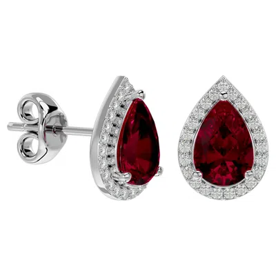 Superjeweler 3 Carat Pear Shape Gemstone And Halo Diamond Earrings In Sterling Silver In Pink