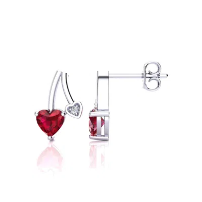 Superjeweler 3/4 Carat Gemstone And Diamond Heart Earrings In Sterling Silver In Pink