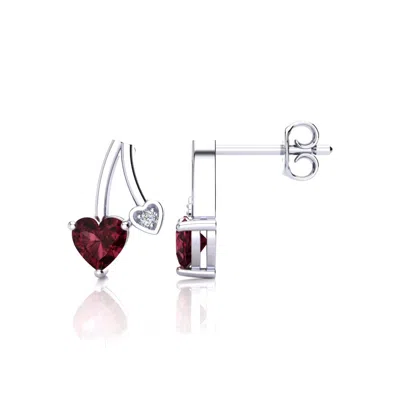 Superjeweler 3/4 Carat Gemstone And Diamond Heart Earrings In Sterling Silver In Red