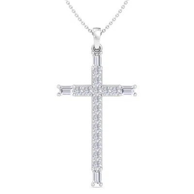 Superjeweler Thydiamond 3/4 Carat Baguette And Round Diamond Cross Necklace In Sterling Silver Or Yellow Gold, 18