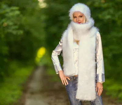 Pre-owned Supertanya Fuzzy Mohair Scarf Hat Handmade Shawl Warm Beanie Hand Knitted Set By  In White