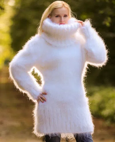 Pre-owned Supertanya Fuzzy White Mohair Dress Soft Designer Sweater Hand Knitted Tunic Xl