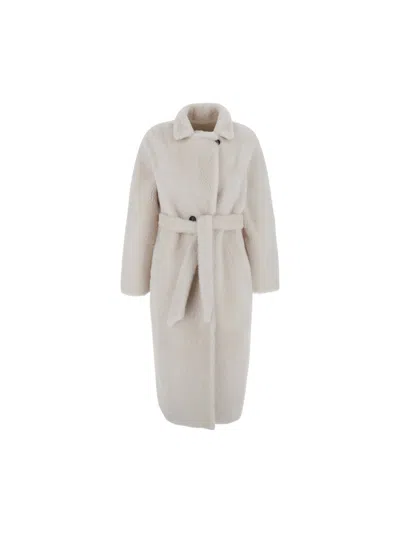 Suprema White Shearling Belted Coat In Gray