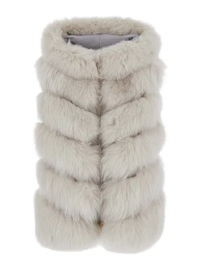Suprema White Faux Fur Sleeveless Vest Jacket With Raised Collar And Front Zip