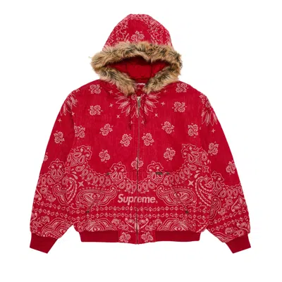 Pre-owned Supreme Bandana Jacquard Denim Hooded Work Jacket 'red' | Men's Size S
