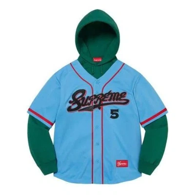 Supreme Baseball Jersey Hooded Sweatshirt 'teal Green Red' In Blue