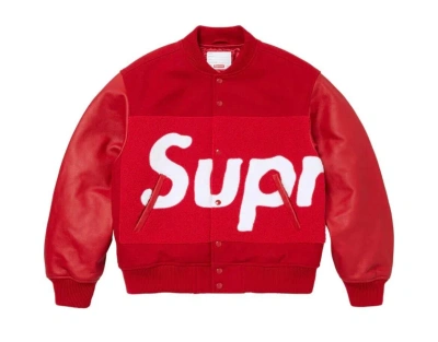 Pre-owned Supreme Big Logo Chenille Varsity Jacket Red M In Hand