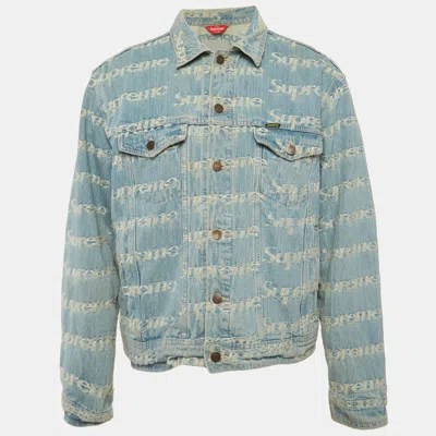 Pre-owned Supreme Blue Frayed Logos Denim Trucker Jacket L