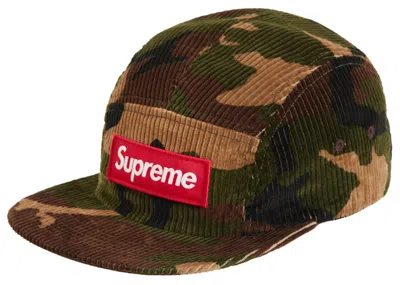 Pre-owned Supreme Camo Corduroy Camp Cap In Woodland Camo