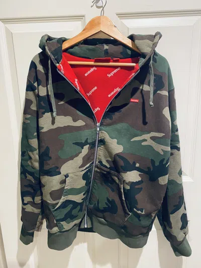 Pre-owned Supreme Camo Small Box Logo Thermal Zip Up Hoodie In Camo/red