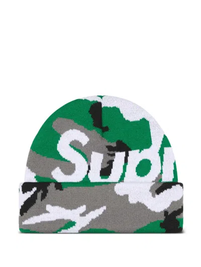 Supreme Camouflage Logo Beanie Hat In Green