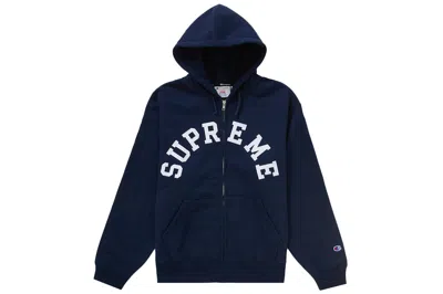 Pre-owned Supreme Champion Zip Up Hooded Sweatshirt Navy