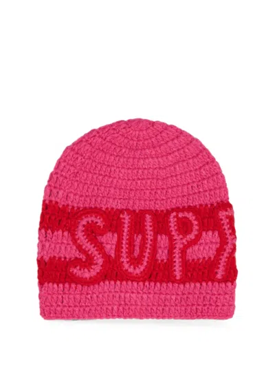 Supreme Crochet Logo Beanie Hat In Pink