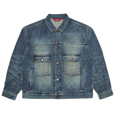 Pre-owned Supreme Distressed Selvedge Trucker Jacket 'washed Indigo' In Blue