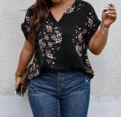 Supreme Fashion Floral Print V Neck Blouse - Plus In Black