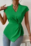 Supreme Fashion Ruched Cross Fit V Cut Knot Blouse In Green In Green