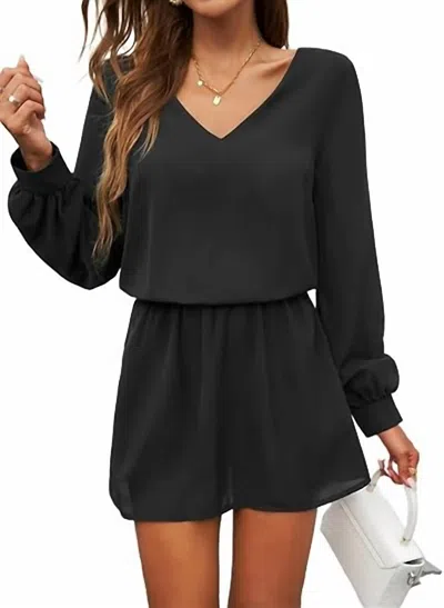 Supreme Fashion Solid Elastic Waist V-neck Mini Dress In Black