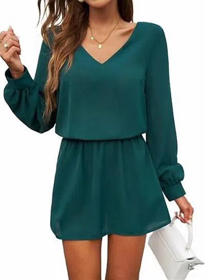 Supreme Fashion Solid Elastic Waist V-neck Mini Dress In Green