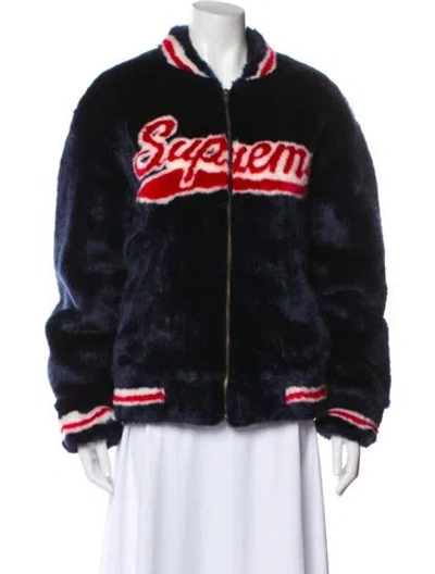 Pre-owned Supreme Faux Fur Graphic Print Coat In Blue