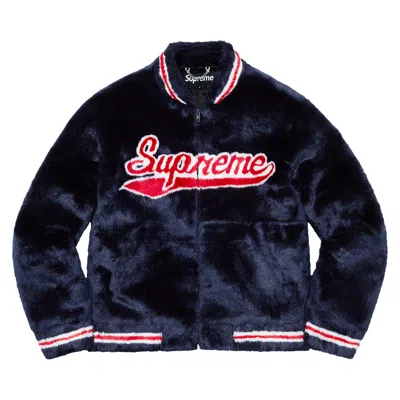 Pre-owned Supreme Faux Fur Varsity Jacket 'navy' In Blue