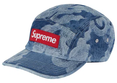 Pre-owned Supreme Flames Jacquard Denim Camp Cap In Washed Indigo
